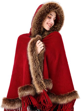 Faux Fur Shawl Hooded Cape Wrap Stole Shrug Bridal Winter Wedding with Hook Red at Amazon Women’s Clothing store