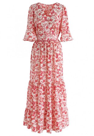 Wildflower Flare Sleeves Wrapped Maxi Dress in Red - NEW ARRIVALS - Retro, Indie and Unique Fashion