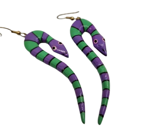 Vintage Hand Painted Southwest Striped Snake Carved Wood PURPLE GREEN Earrings