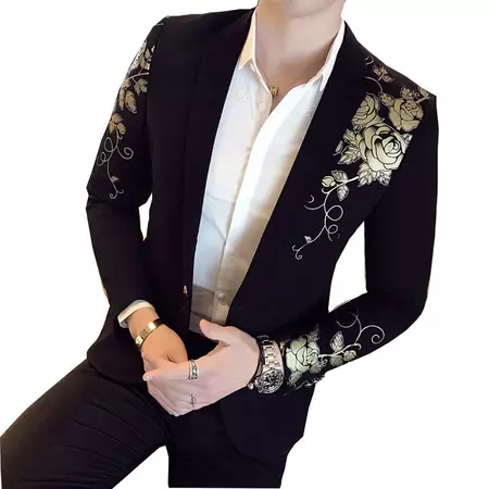 2022 New Luxury Gold Print Blazer Slim Fit Men Blazer Stage Cloth Social Party Wedding Dress Male Black Suit Jacket| | - AliExpress