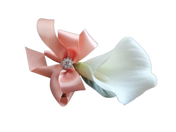 Men's Boutonniere, White Calla Lily with Peach Ribbon, Groomsman Gift, Wedding flowers, Silk Flower Corsage, Father Of Bride, Pin On Corsage