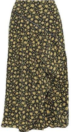 Zip-detailed Draped Floral-print Silk Midi Skirt