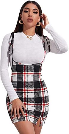 Amazon.com: Floerns Women's Plaid Suspender Skirt Tie Shoulder Split Hem Overall Bodycon Mini Dress : Clothing, Shoes & Jewelry