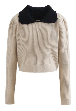 Hollow Out Doll Collar Crop Knit Sweater in Camel - Retro, Indie and Unique Fashion