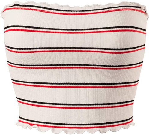 MixMatchy Women's Striped Print Ruffled Edge Ribbed Knit Crop Tube Top