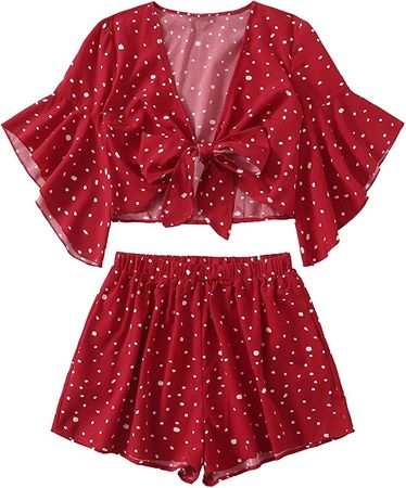 Amazon.com: SweatyRocks Women's 2 Piece Boho Print V Neck Butterfly Sleeve Knot Front Crop Top with Shorts Set Floral Red M : Clothing, Shoes & Jewelry