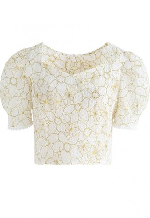 Floral Print GEO Embossed Open Back Crop Top in Light Yellow - NEW ARRIVALS - Retro, Indie and Unique Fashion