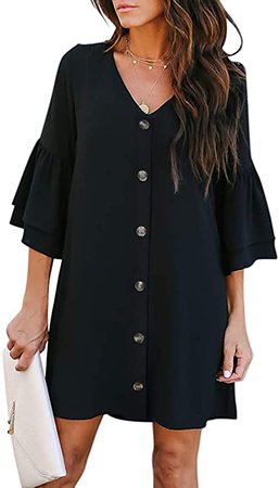 Acelitt Women Casual V Neck Button Down Dresses Summer 3 4 Bell Sleeve A Line Shift Mini Dress Black