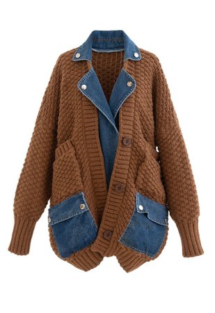 Oversized Denim Spliced Waffle Knit Cardigan in Caramel - Retro, Indie and Unique Fashion