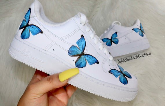 Custom Nike Air Force 1s Blue Butterflies Women's White | Etsy