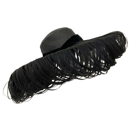 1940s Hattie Carnegie Fine Woven Black Straw Cartwheel Hat W/ Extravagant Loops at 1stDibs
