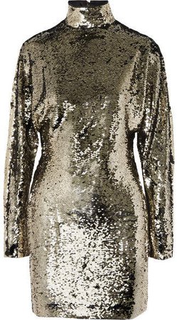 Ansel Sequined Voile Turtleneck Mini Dress - Gold