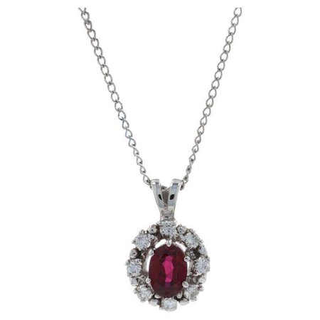 White Gold Ruby and Diamond Halo Pendant Necklace, 14k Oval Cut .90ctw For Sale at 1stDibs