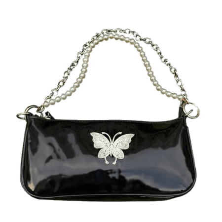 pearl strap black butterfly baguette bag
