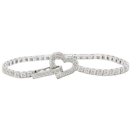 Heart Shaped Diamond and 14K White Gold Tennis Bracelet : Alpha and Omega Vintage Jewelry | Ruby Lane
