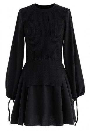 Fake Two-Piece Chiffon Knit Skater Dress in Black - NEW ARRIVALS - Retro, Indie and Unique Fashion