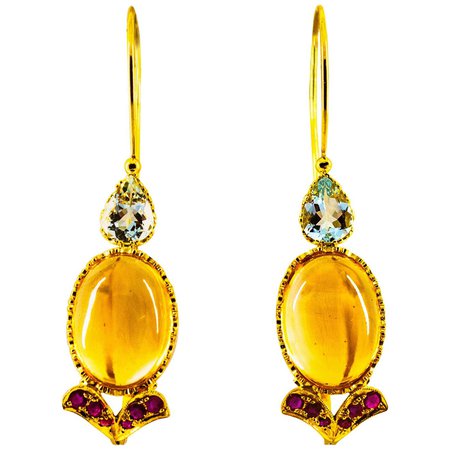 Art Nouveau 15.37 Carat Ruby Aquamarine Citrine Yellow Gold Lever-Back Earrings For Sale at 1stDibs
