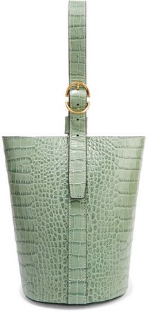 Trademark - Small Croc-effect Leather Bucket Bag - Gray green