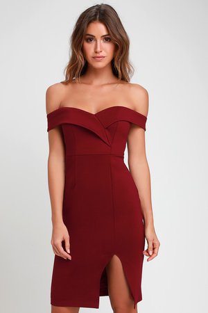 Chic Burgundy Dress - Bodycon Dress - Off-the-Shoulder Dress
