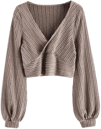 ZAFUL Women's Pullover Ribbed Cropped Knitwear Drawstring Ruched Knitted Crop Top Solid V-Neck Long Sleeve T-Shirt at Amazon Women’s Clothing store
