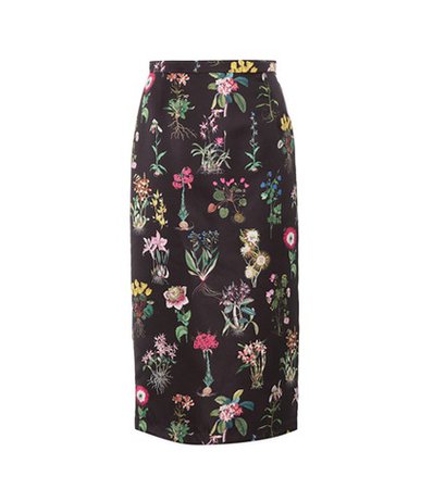 Floral-printed satin pencil skirt