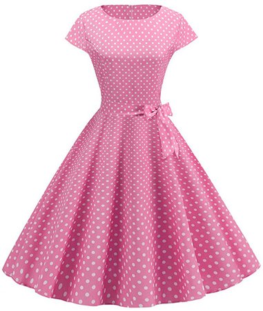 Women Fashion Vintage Pink and White Polka Dot Print O-Neck Short Sleeve A-Line Dress with Robe at Amazon Women’s Clothing store