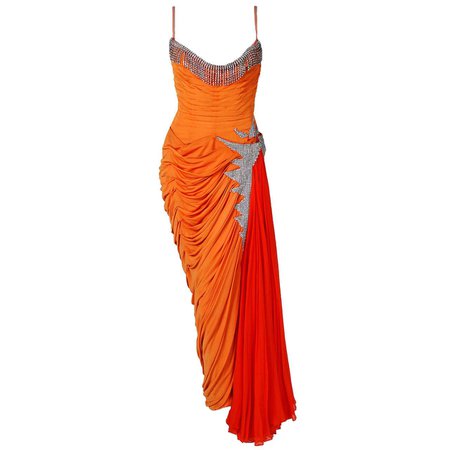 1950's Historical Yma Sumac Rhinestone Orange Ruched Silk-Jersey Evening Gown