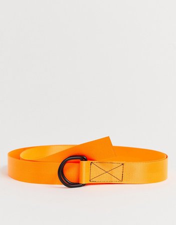 ASOS DESIGN slim long ended webbing belt in neon fluro orange and matte black d-rings | ASOS
