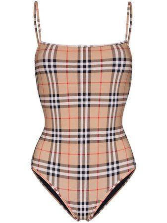 Shop brown Burberry Vintage Check pattern swimsuit with Express Delivery - Farfetch