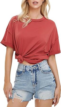 EXLURA Womens Oversized T-Shirt Casual Short Sleeve Loose Tee Tops 2024 Trendy Summer Basic Crew Neck Side Slit Shirts Brick Red at Amazon Women’s Clothing store