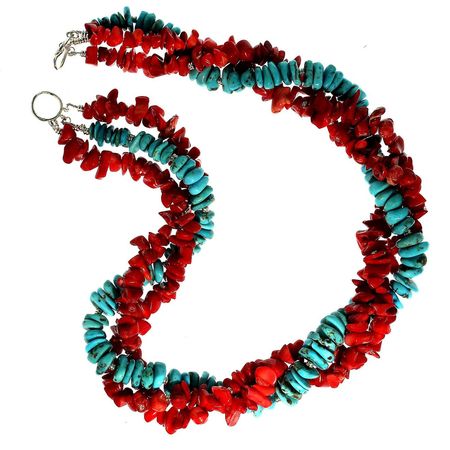 Aria Jewelry Design Triple Strand Southwest Style Red Coral and Hubei Turquoise Necklace