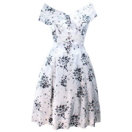Vintage 1950's Custom Black and White Watercolor Silk Cocktail Dress Size 4 For Sale at 1stdibs