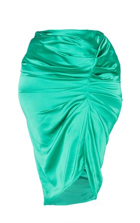 Plus Bright Green Satin Ruched Split Midi Skirt | PrettyLittleThing USA