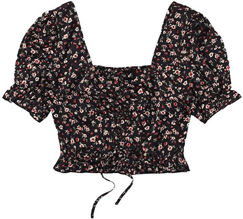 SweatyRocks Women's Floral Print Puff Short Sleeve Square Neck Crop Top Schiffy Drawstring Blouse at Amazon Women’s Clothing store