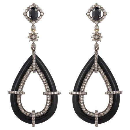 Black Onyx Blue Sapphire Diamond Earrings For Sale at 1stDibs