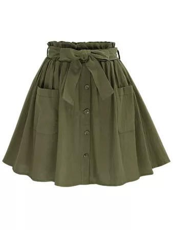 Olive Green Self Tie Button Front Circle Skirt For Women-romwe