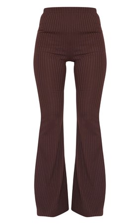 Chocolate Ribbed Flared Trouser | Trousers | PrettyLittleThing
