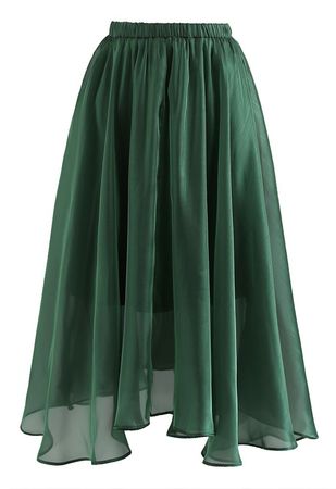 Flowy Organza Flare Midi Skirt in Green - Retro, Indie and Unique Fashion