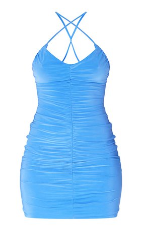 PLT Tall Blue Ruched Cross Front Strappy Bodycon Dress