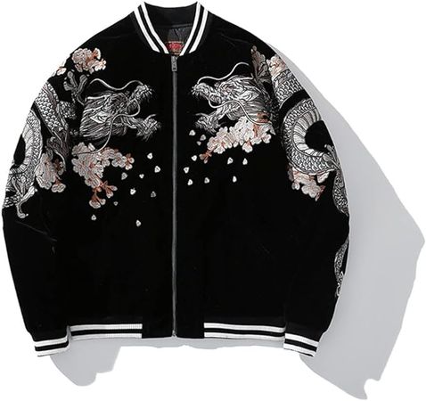 Men Dragon Embroidery Hip Hop Bomber Jacket Streetwear Baseball Coat at Amazon Men’s Clothing store