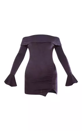 Charcoal Acetate Bardot Flare Sleeve Bodycon Dress | PrettyLittleThing USA