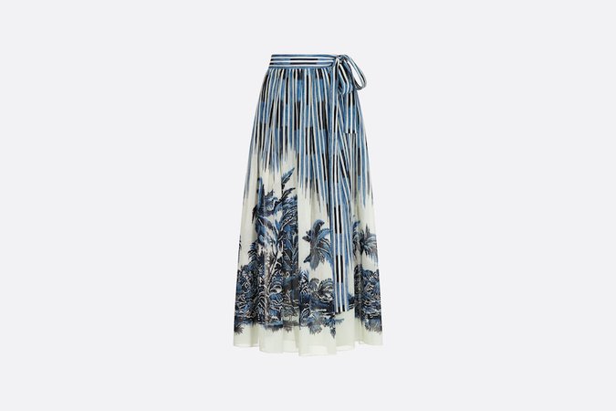 Mid-Length Pleated Skirt Blue and White Cotton Muslin with Dior Palms Motif DIOR