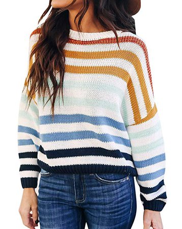 ZESICA Women's Long Sleeve Crew Neck Striped Color Block Casual Loose Knitted Pullover Sweater Tops at Amazon Women’s Clothing store