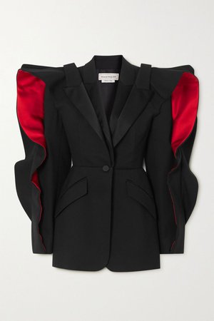 Black Ruffled layered satin-trimmed wool-blend crepe blazer | Alexander McQueen | NET-A-PORTER