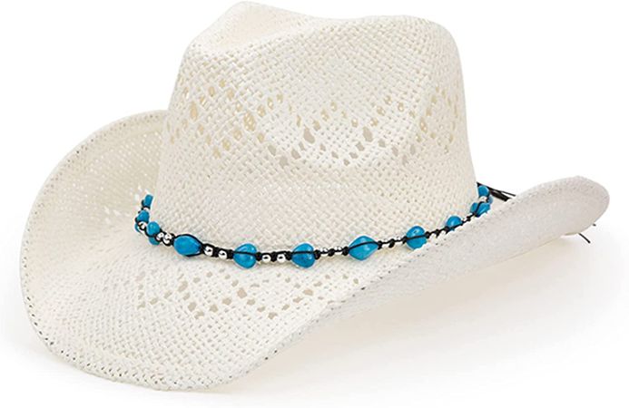 TOVOSO Western Cowgirl Hat, Straw Cowboy Hat for Women with Shapeable Brim, Beaded Hearts Trim, Shapeable Cowboy Hat, White-Blue at Amazon Women’s Clothing store