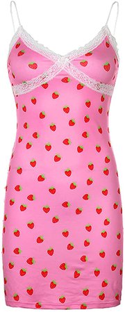 y2k Strawberry Print Lace Cute Dress Summer Women Spaghetti Strap Dresses