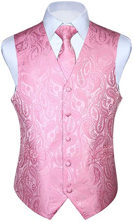 HISDERN Men's Paisley Jacquard Solid Waistcoat & Necktie and Pocket Square Vest Suit Tuxedo Set Pink at Amazon Men’s Clothing store