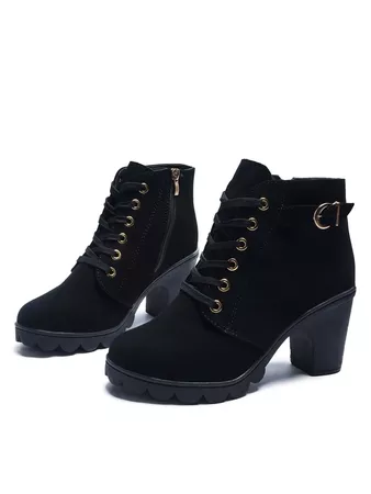 Buckle Detail Side Zip Chunky Heeled Combat Boots | SHEIN USA
