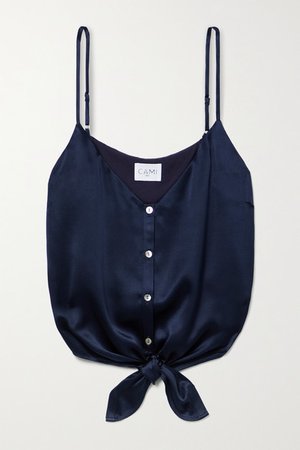 The Julie Cropped Tie-front Silk-charmeuse Camisole - Midnight blue