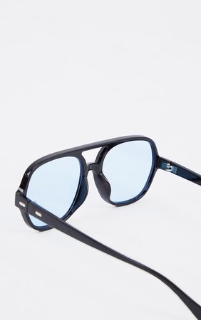 Black Plastic Frame Blue Lens Aviator Sunglasses | PrettyLittleThing USA